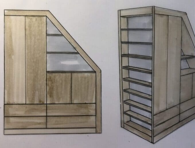 Maßanfertigung Kleiderschrank für eine Dachschräge Entwurfsskizze bzw. Planungszeichnung